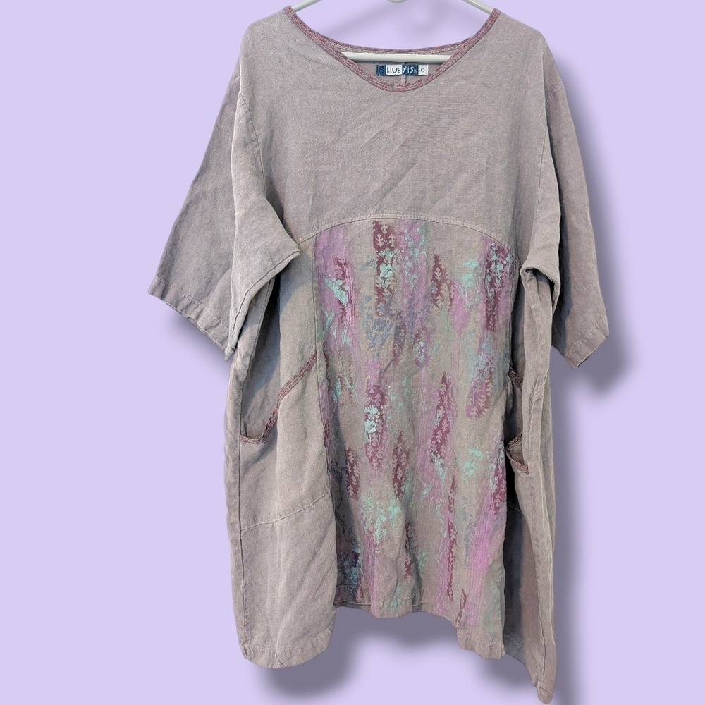 Blue Fish Grey Blue Purple Floral Linen Oversized Tunic Dress Pockets Lagenlook